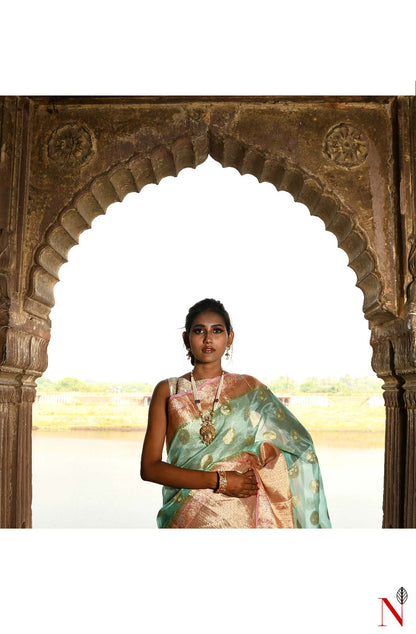 Sea Green & Pink Pure Banarasi Organza Saree