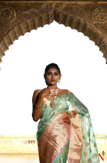 Sea Green & Pink Pure Banarasi Organza Saree