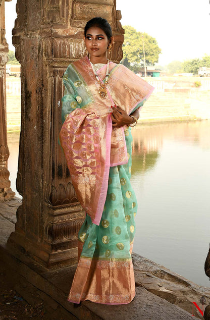 Sea Green & Pink Pure Banarasi Organza Saree