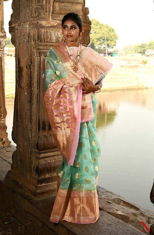 Sea Green & Pink Pure Banarasi Organza Saree