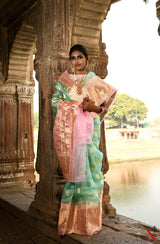 Sea Green & Pink Pure Banarasi Organza Saree