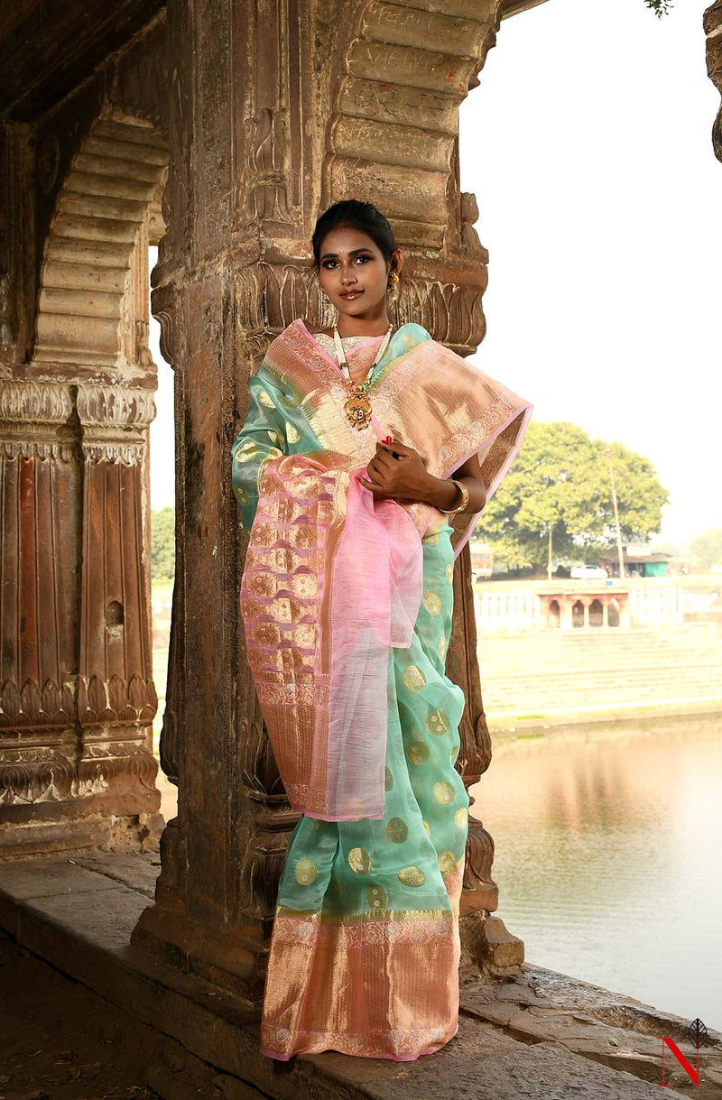 Sea Green & Pink Pure Banarasi Organza Saree