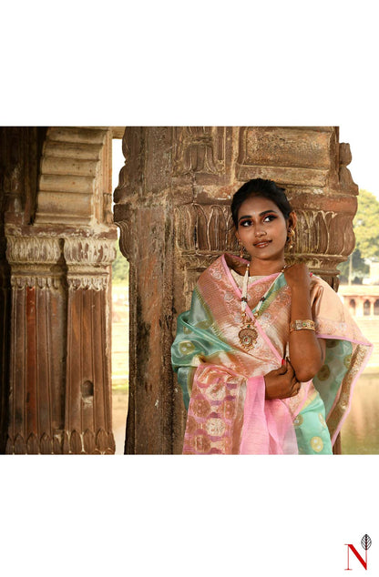 Sea Green & Pink Pure Banarasi Organza Saree