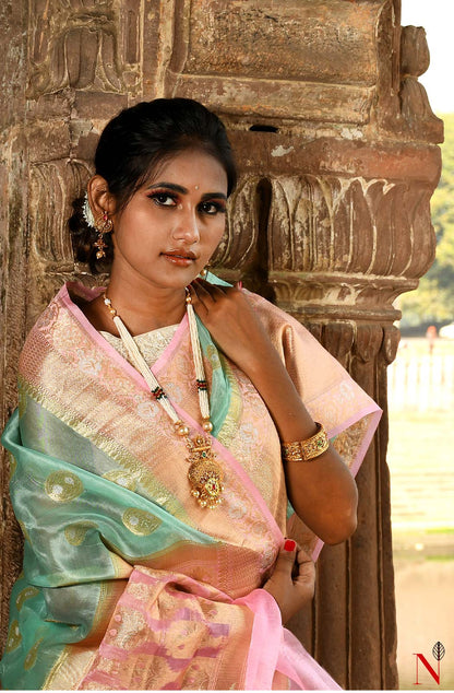 Sea Green & Pink Pure Banarasi Organza Saree