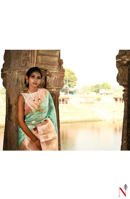 Sea Green & Pink Pure Banarasi Organza Saree
