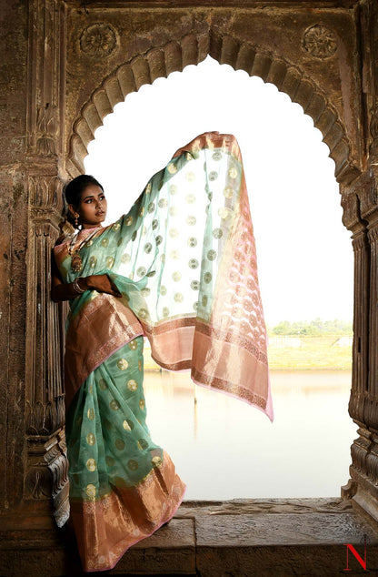 Sea Green & Pink Pure Banarasi Organza Saree
