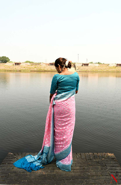 Pink & Firozi Pure Banarasi Khaddi Georgette Saree