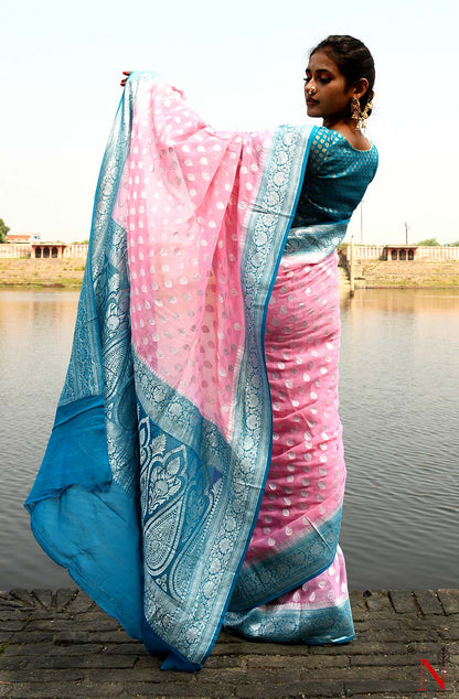 Pink & Firozi Pure Banarasi Khaddi Georgette Saree