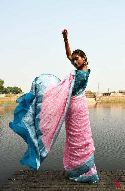 Pink & Firozi Pure Banarasi Khaddi Georgette Saree
