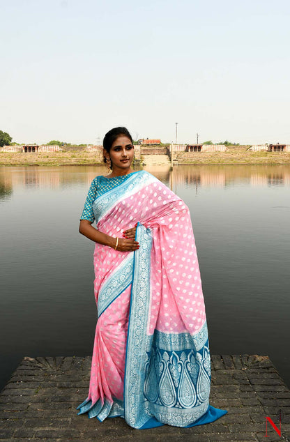 Pink & Firozi Pure Banarasi Khaddi Georgette Saree
