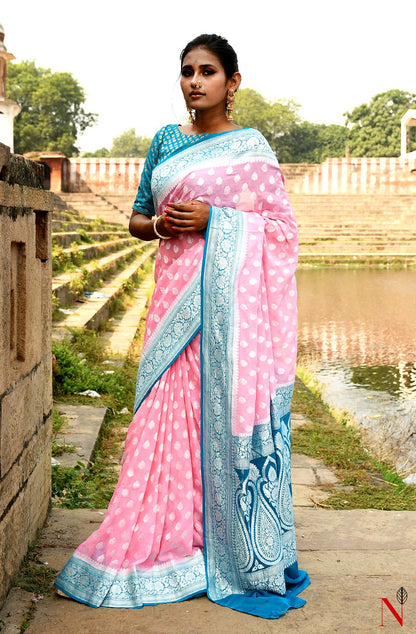 Pink & Firozi Pure Banarasi Khaddi Georgette Saree