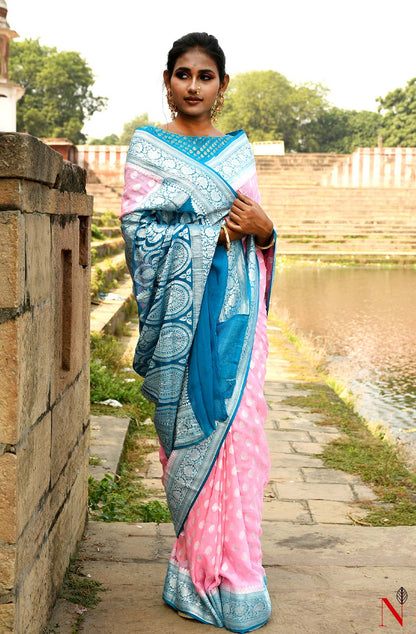 Pink & Firozi Pure Banarasi Khaddi Georgette Saree