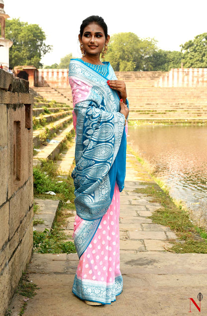 Pink & Firozi Pure Banarasi Khaddi Georgette Saree