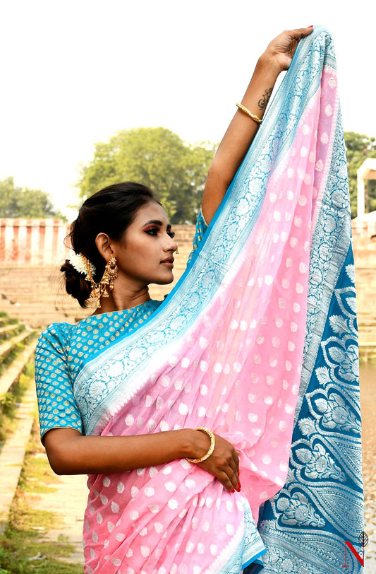 Pink & Firozi Pure Banarasi Khaddi Georgette Saree