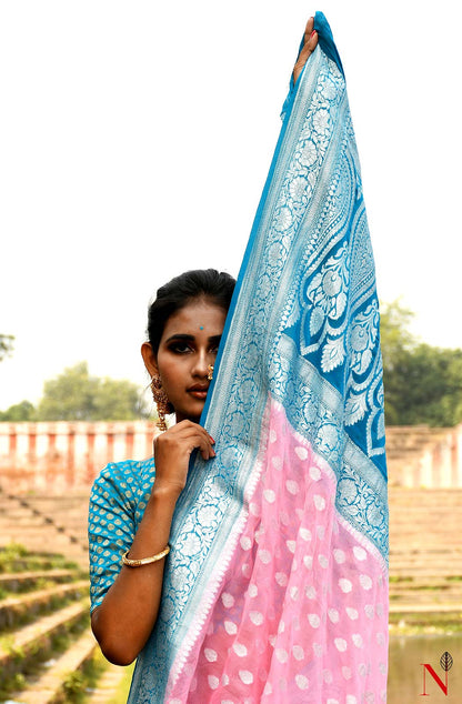 Pink & Firozi Pure Banarasi Khaddi Georgette Saree