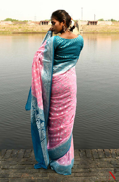 Pink & Firozi Pure Banarasi Khaddi Georgette Saree