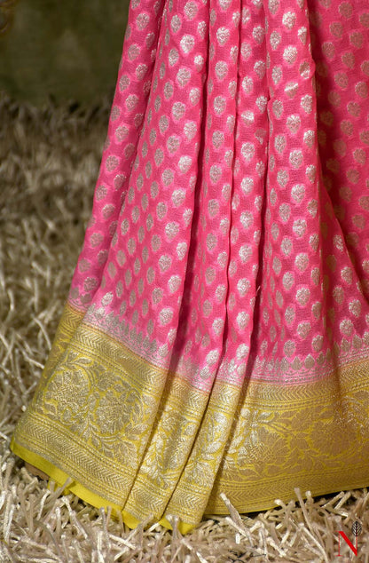 Pink & Yellow Pure Banarasi Khaddi Georgette Saree