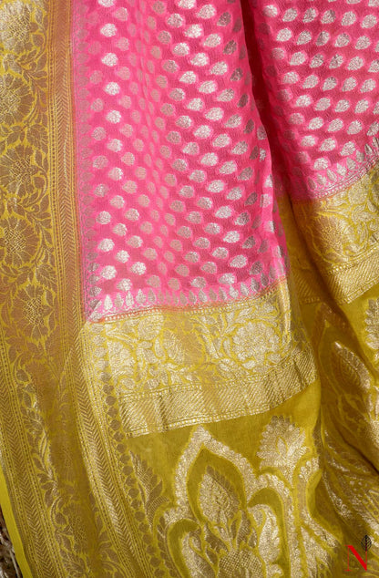 Pink & Yellow Pure Banarasi Khaddi Georgette Saree