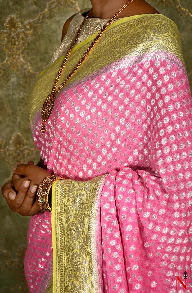 Pink & Yellow Pure Banarasi Khaddi Georgette Saree