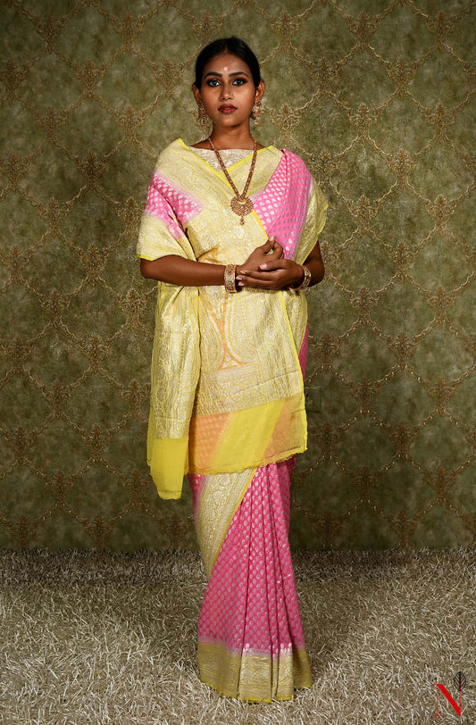 Pink & Yellow Pure Banarasi Khaddi Georgette Saree