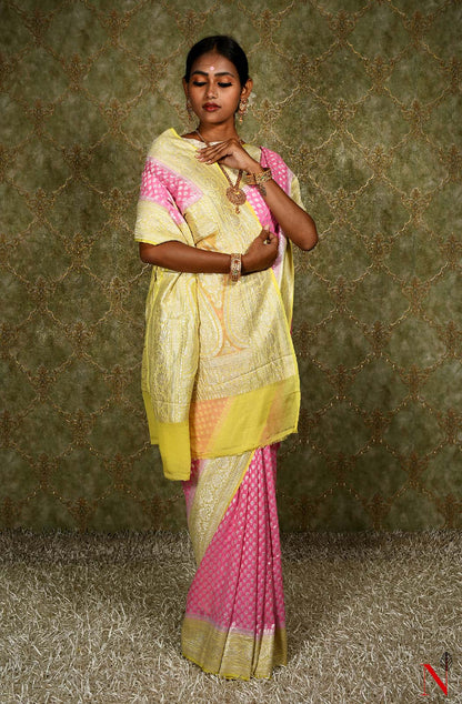 Pink & Yellow Pure Banarasi Khaddi Georgette Saree