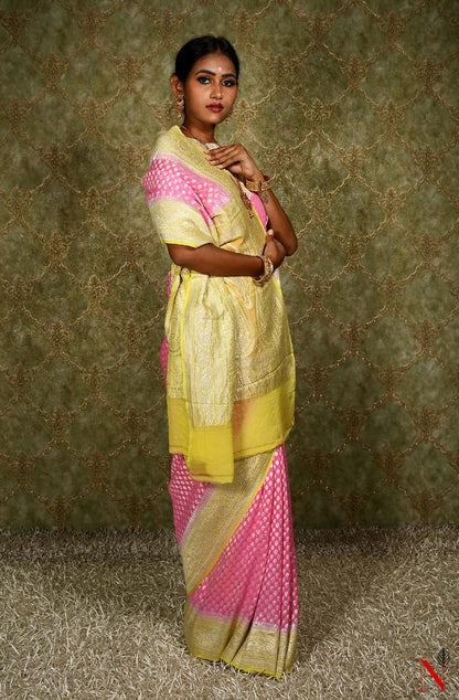 Pink & Yellow Pure Banarasi Khaddi Georgette Saree