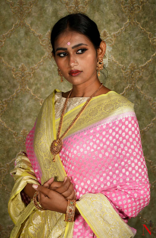 Pink & Yellow Pure Banarasi Khaddi Georgette Saree
