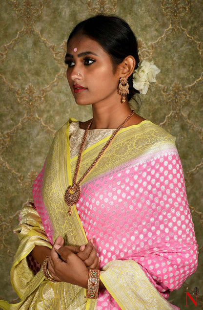 Pink & Yellow Pure Banarasi Khaddi Georgette Saree