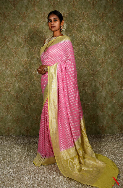 Pink & Yellow Pure Banarasi Khaddi Georgette Saree