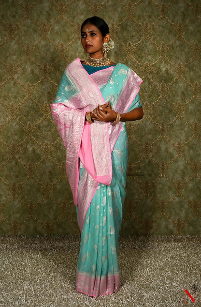 Sea Green & Pink Pure Banarasi Khaddi Georgette Saree