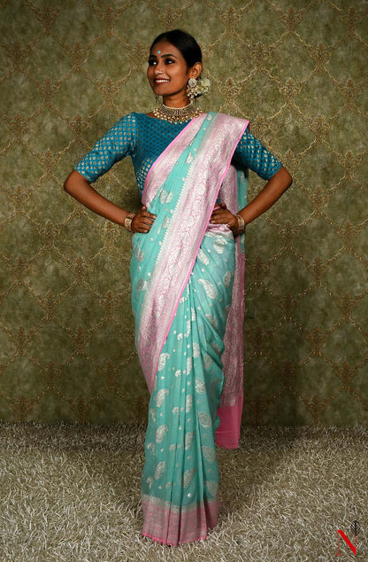 Sea Green & Pink Pure Banarasi Khaddi Georgette Saree
