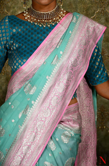 Sea Green & Pink Pure Banarasi Khaddi Georgette Saree
