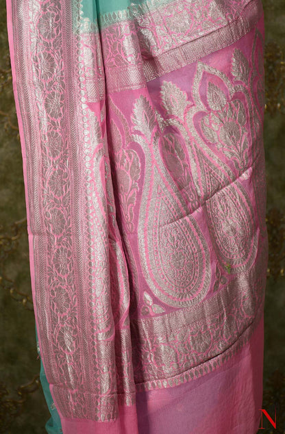 Sea Green & Pink Pure Banarasi Khaddi Georgette Saree