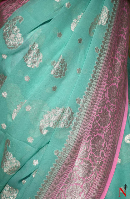 Sea Green & Pink Pure Banarasi Khaddi Georgette Saree
