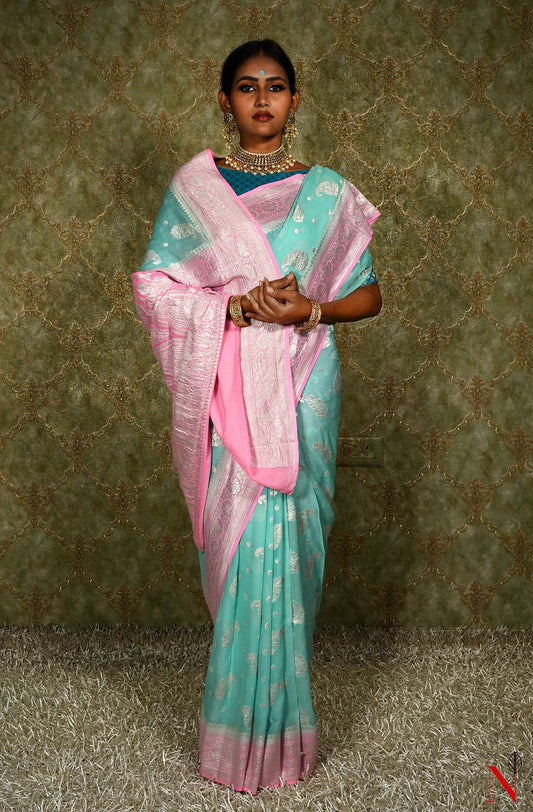 Sea Green & Pink Pure Banarasi Khaddi Georgette Saree