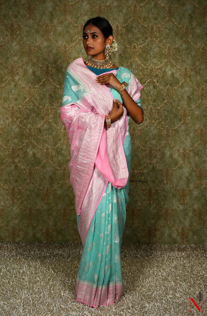 Sea Green & Pink Pure Banarasi Khaddi Georgette Saree