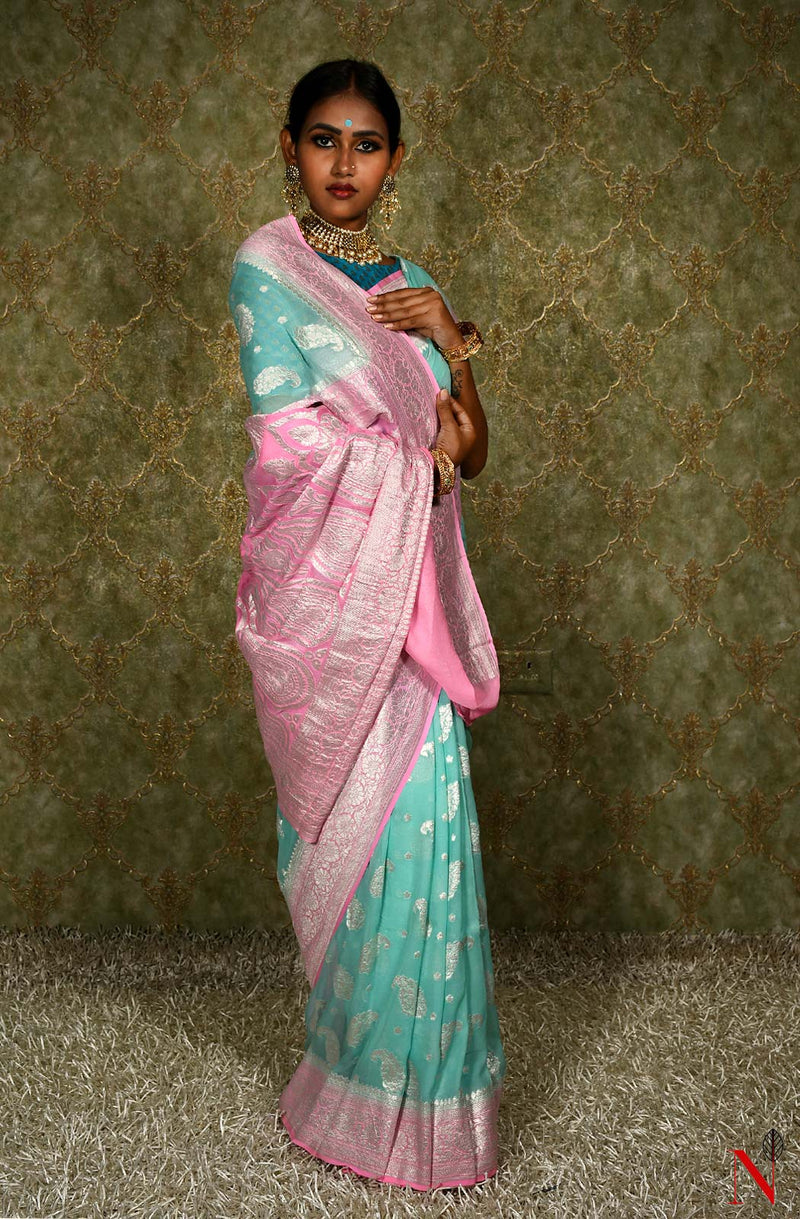 Sea Green & Pink Pure Banarasi Khaddi Georgette Saree