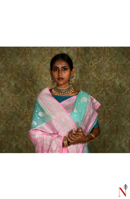 Sea Green & Pink Pure Banarasi Khaddi Georgette Saree