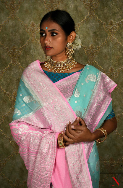 Sea Green & Pink Pure Banarasi Khaddi Georgette Saree