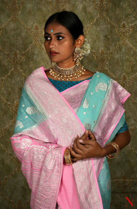 Sea Green & Pink Pure Banarasi Khaddi Georgette Saree