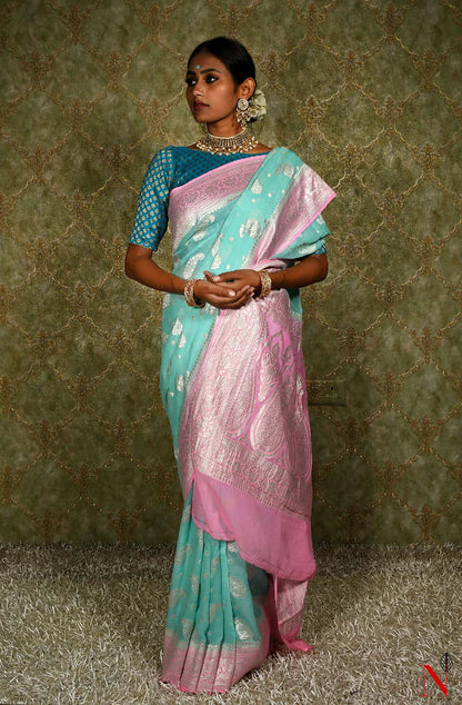 Sea Green & Pink Pure Banarasi Khaddi Georgette Saree