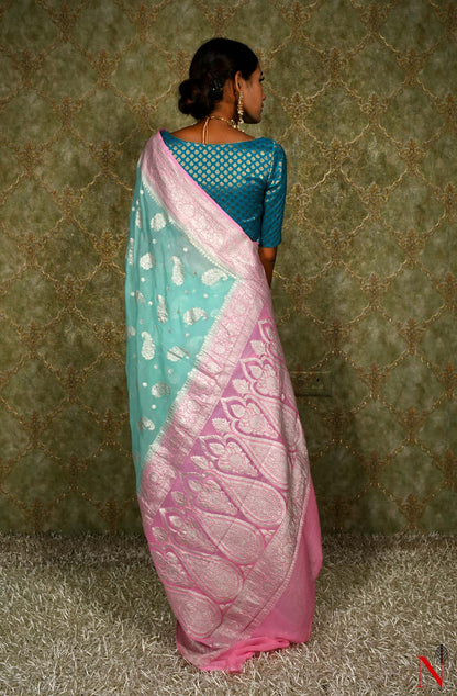 Sea Green & Pink Pure Banarasi Khaddi Georgette Saree
