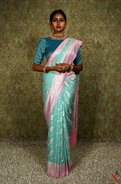 Sea Green & Pink Pure Banarasi Khaddi Georgette Saree