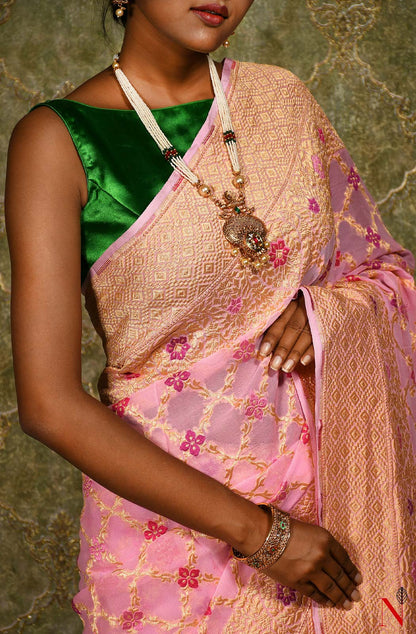 Pink Pure Banarasi Chiffon Saree