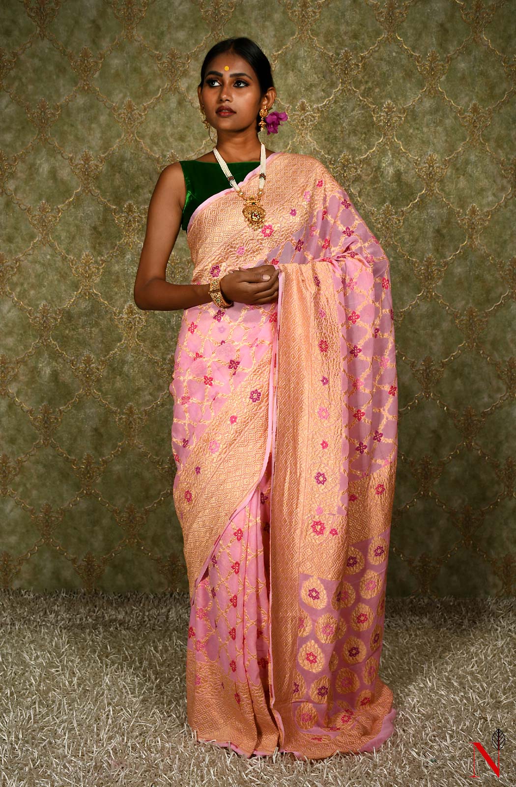 Pink Pure Banarasi Chiffon Saree