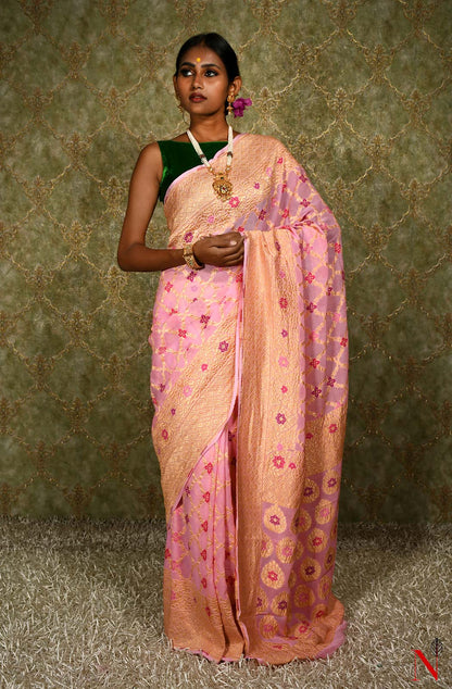 Pink Pure Banarasi Chiffon Saree