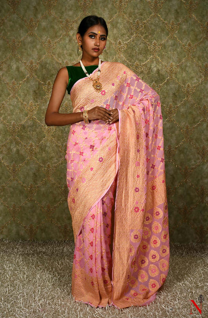 Pink Pure Banarasi Chiffon Saree