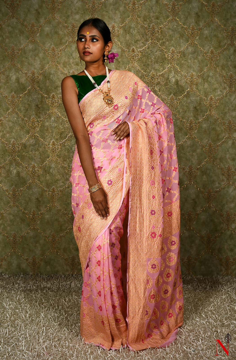 Pink Pure Banarasi Chiffon Saree