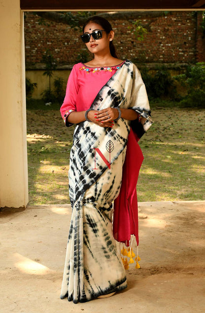 White & Black Pure Silk Chanderi Saree - Shibori