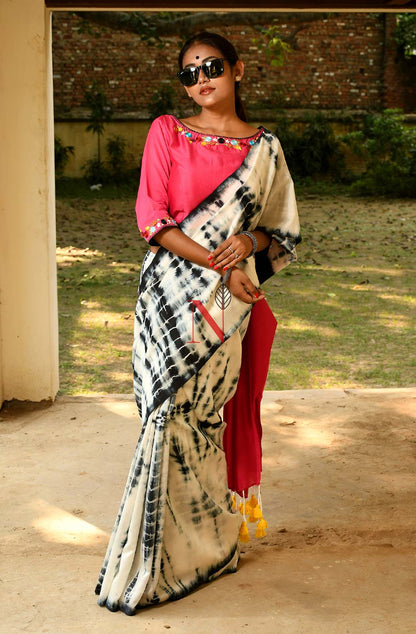 White & Black Pure Silk Chanderi Saree - Shibori